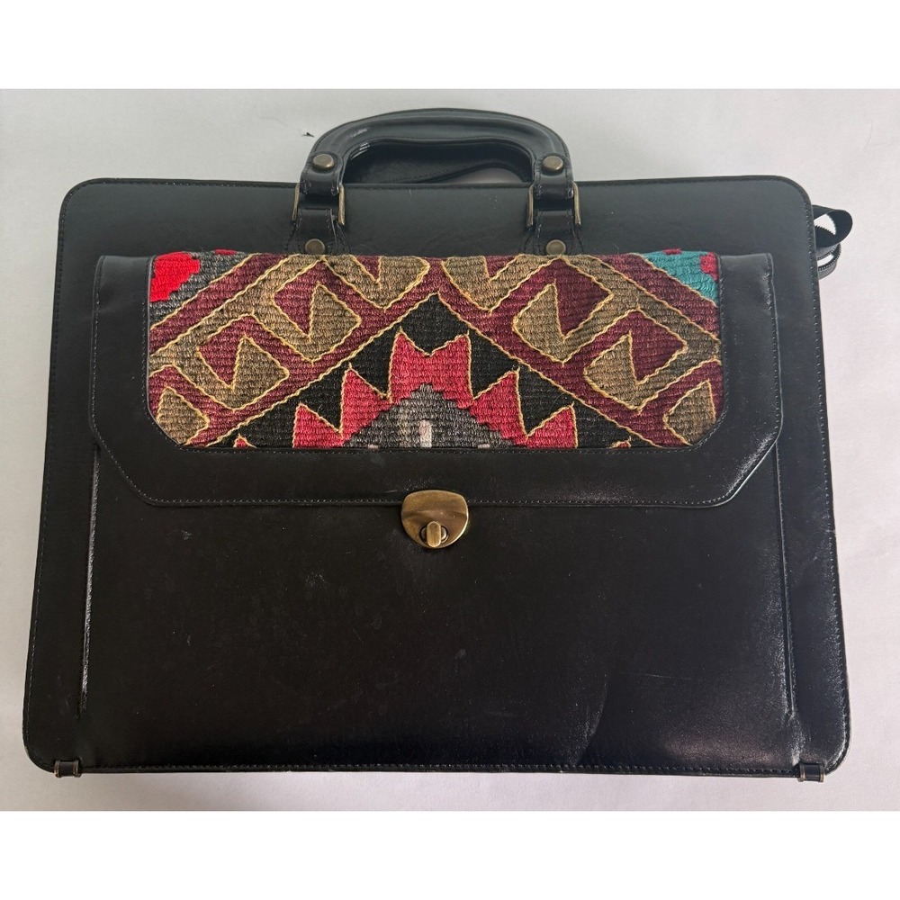 Vintage HAN Turkish Kilim Leather Briefcase Tapestry Handwoven Portfolio Bag